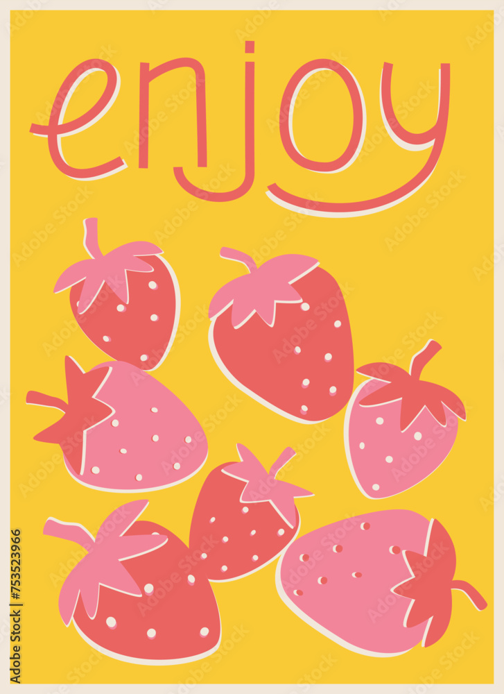 a bright summer poster with strawberries on a yellow background and the text enjoy a bright summer poster with strawberries on a yellow background and the text enjoy