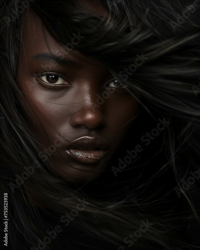 Closeup portrait of woman with african ethnicity with her long hair blowing in the wind, dark settings. photo