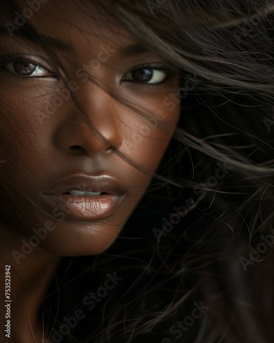 Closeup portrait of woman with african ethnicity with her long hair blowing in the wind, dark settings. photo