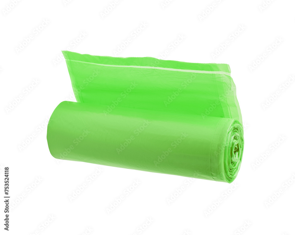 Green roll of garbage bags isolated on white background Green roll of garbage bags isolated on white background