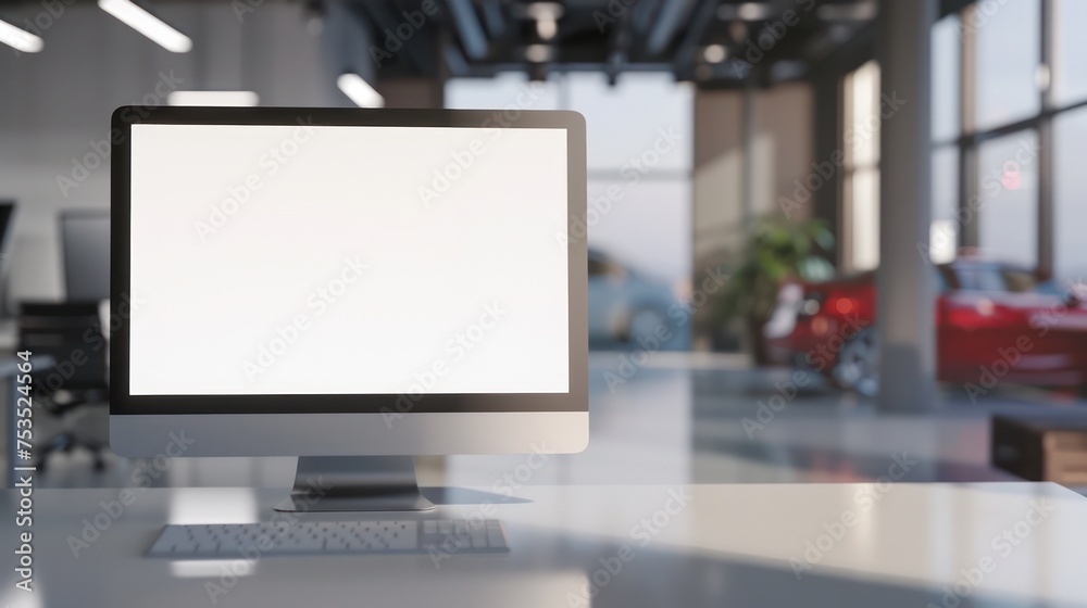 A monitor laptop with a blank white screen on a table, set against the backdrop of a modern car showroom.
