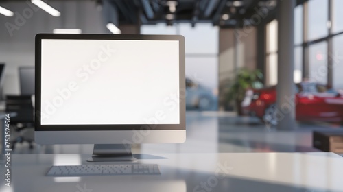 A monitor laptop with a blank white screen on a table, set against the backdrop of a modern car showroom.
