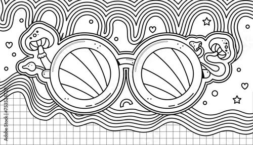 Surreal groovy psychedelic sunglasses with mushrooms - coloring print. BW variant.