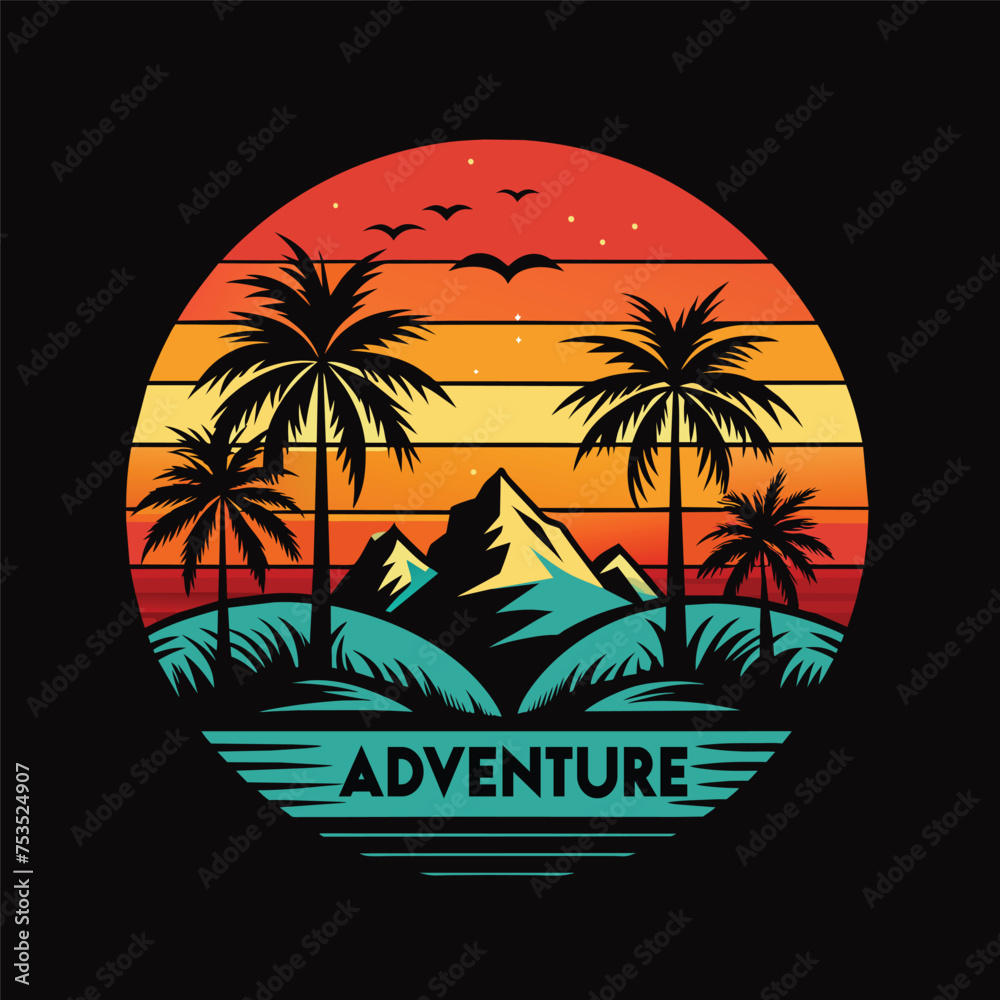 Tropical island with palm trees and sunset. Vector illustration. adventure t shirt design