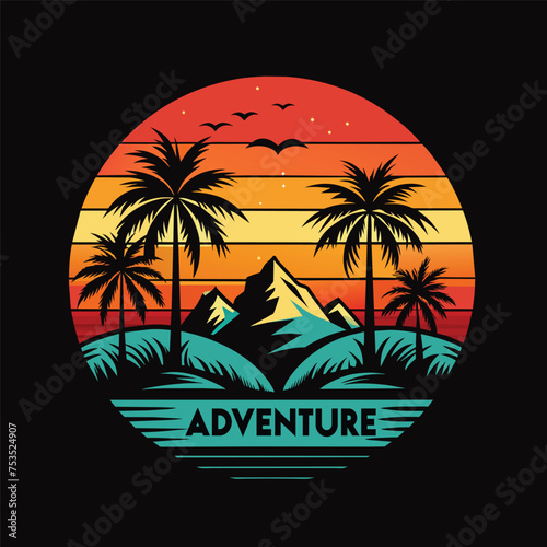 Tropical island with palm trees and sunset. Vector illustration. adventure t shirt design
