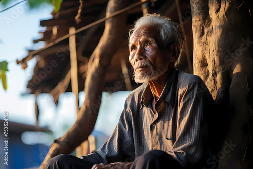 The old man sits on a weathered wooden stool under the shade of an ancient banyan tree. His face is etched with wrinkles that tell the tale of a lifetime of experiences.