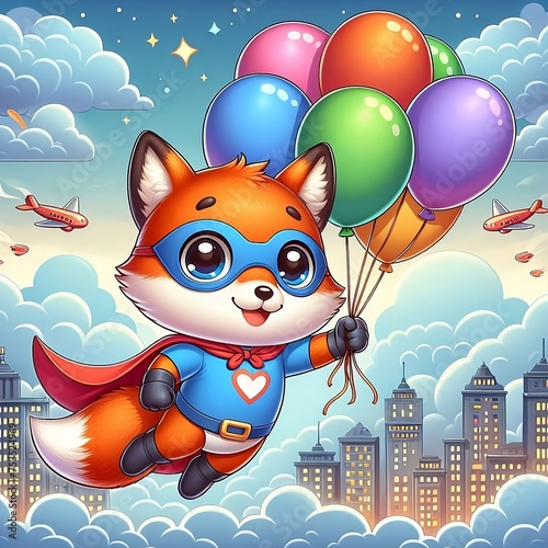 adorable little fox flying with colorful balloon in the air over clouds and city in the background