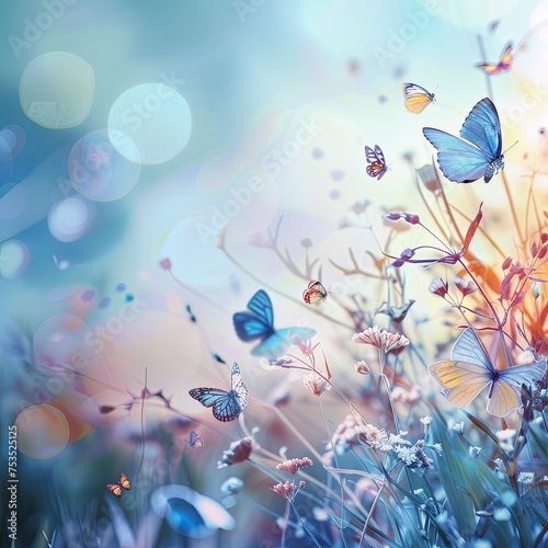 Background of colorful butterflies. spring garden floral beauty flowering plant blue. background summer flower field white color season banner. generative ai © Alexander Odessa 