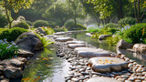 Serene Japanese garden with stepping stones across the water, surrounded by lush greenery and soft lighting