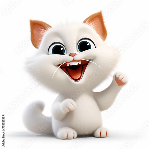 Kitten waves hello. Cartoon illustration of smile baby cat on white background, Cute cat. Aquarelle cat for children book. Kids book colorful illustrations with cat, watercolor drawing 