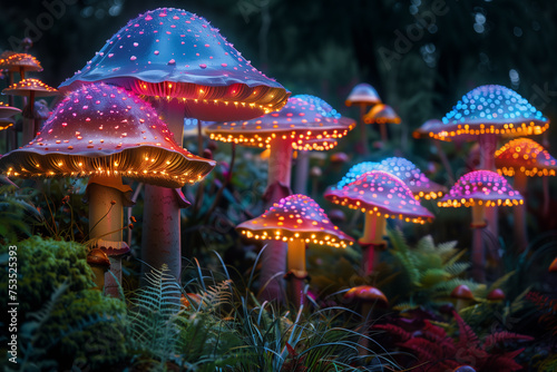 enchanting illuminated mushrooms in twilight