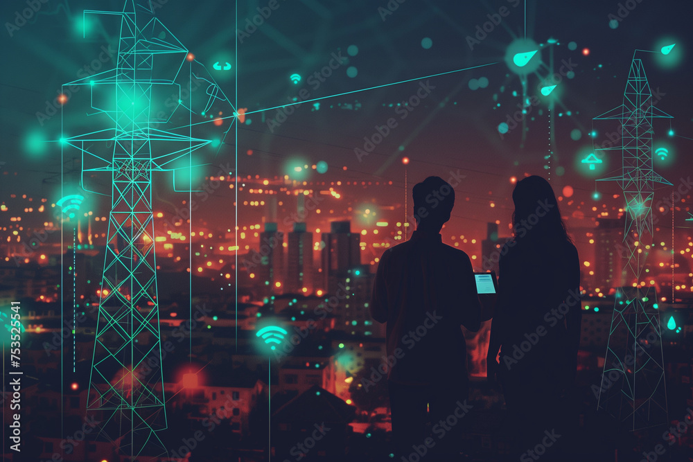 Obraz premium digital power grid over cityscape