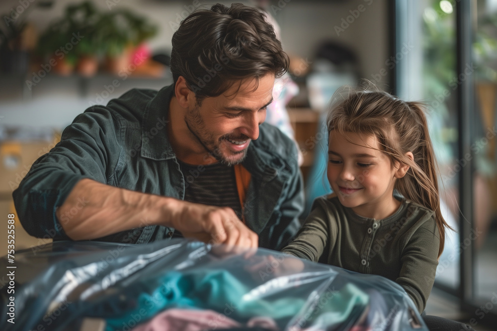 Father and child smiling over donation box