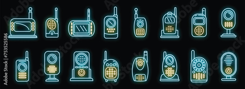 Baby monitor icons set outline vector. Button communication. Mobile equipment neon isolated