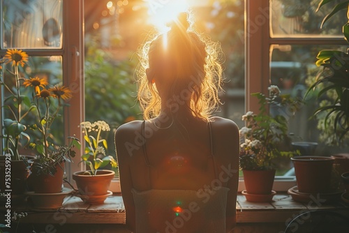 Warm sunlight illuminates a woman sitting in a cozy room surrounded by potted plants, creating a tranquil and homey atmosphere photo