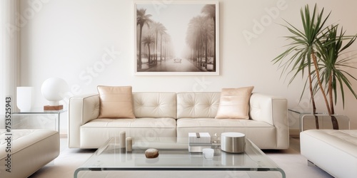 A living room with a white color scheme, featuring a sofa in taupe leather and a glass table. photo