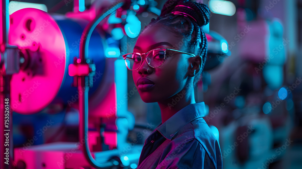 a young black female engineer in a machining workshop a young black female engineer in a machining workshop