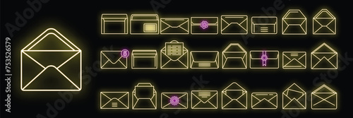 Envelope icons set outline vector. Blank mail. Postal card template neon isolated