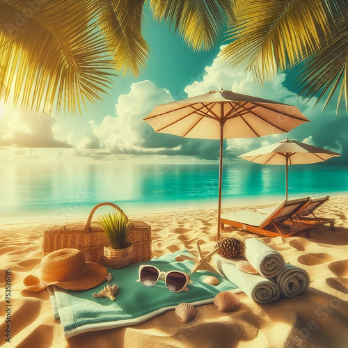 idyllic tropical beach with umbrella, summer hat,sunglasses, and deckchair on the sand- vacation, summer holiday concept