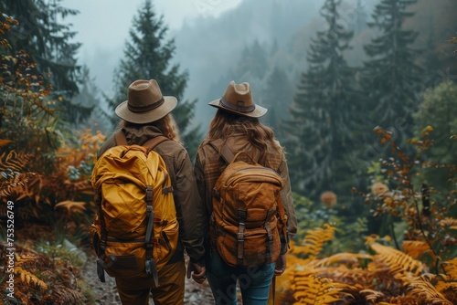 Two adventurers in hats with backpacks wander through a fog-laden forest, surrounded by autumnal foliage