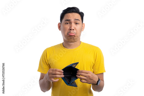 Handsome Asian man showing empty wallet with sad facial expression isolated on white background