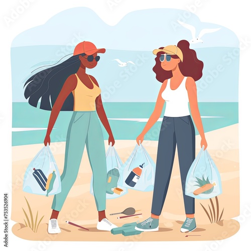 Two interracial young women collect trash in trash bags from the beach, clean the seashore, protect the environment from pollution. generative ai