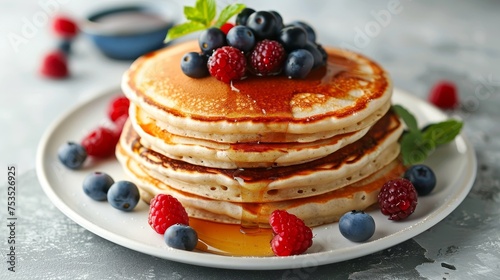 Wallpaper Mural Homemade classic american pancakes with fresh berries and honey on white background with copy space Torontodigital.ca