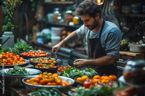 A man in an apron meticulously arranges bright red tomatoes and green vegetables, focusing on presentation at a market