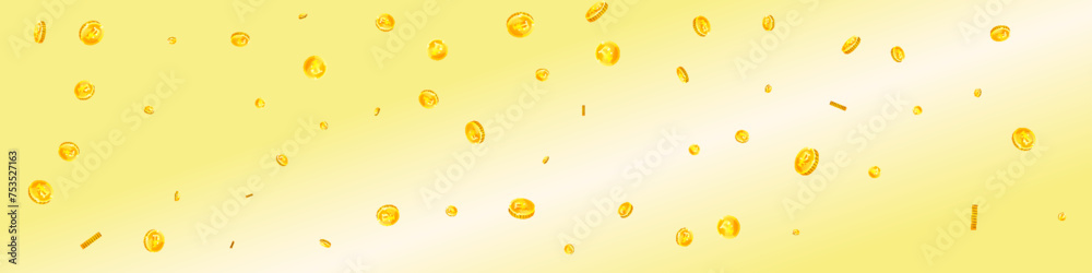 Russian ruble coins falling. Scattered gold RUB - obrazy, fototapety, plakaty 