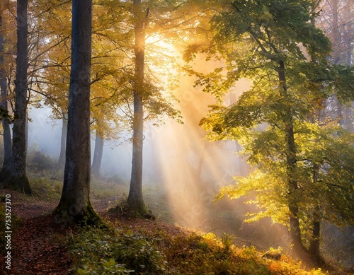 Mystical Forest with beaming light through the trees 