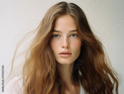 International Women's Day. Long healthy hair. Skin natural beauty, smooth skin for Care and hair products. Model girl, smiling woman.