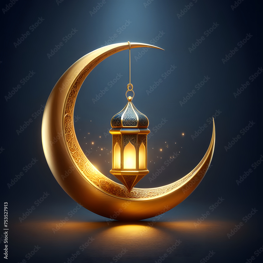 Naklejka premium Golden crescent moon with a lantern, Islamic festival, celebrating Ramadan, Isolated on a dark blue background