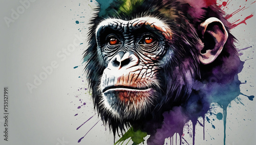 Powerful colorful monkey face, monochrome background. generative AI © Oleksandr