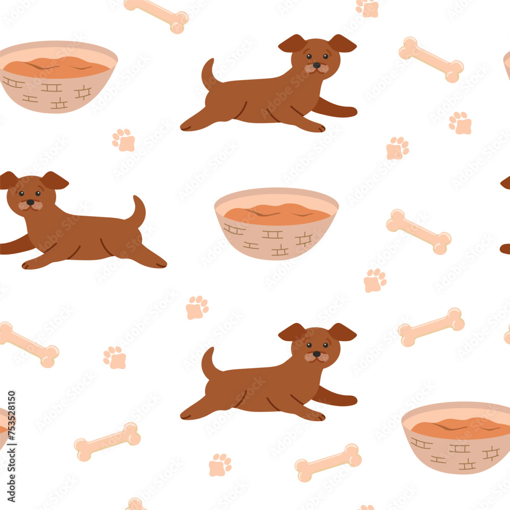 Cute little dog seamless pattern. Vector editable background for printing on fabric, packaging, paper.