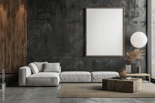 Elegant minimalist lounge interior with a comfortable modern sofa, textured dark wall, and framed blank canvas.