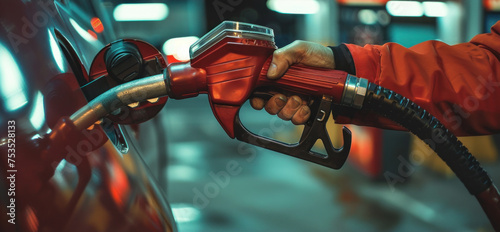 male worker in red overalls holding a fuel gun while filling a car with gasoline, gas station, poster