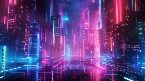 A digital abstract landscape with neon lights and futuristic city elements, perfect for modern tech presentations.