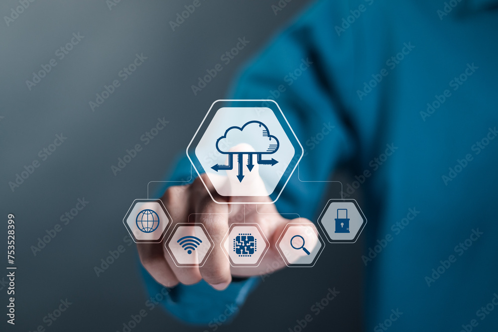 Naklejka premium Cloud computing technology concept. large network of backup platforms, online data storage. Businessman touching connect to data information on cloud computing network.