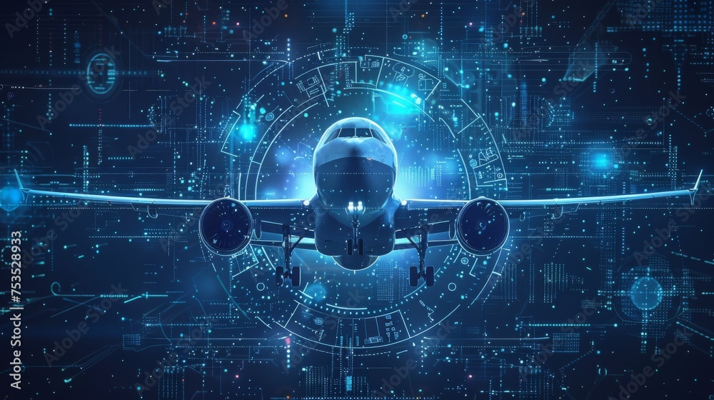 Abstract aerospace and aeronautics background with airplanes and technological elements - obrazy, fototapety, plakaty 