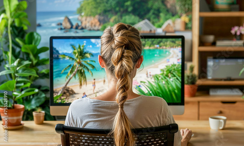 jeune femme vue de dos devant un écran d'ordinateur qui affiche un paysage de vacances