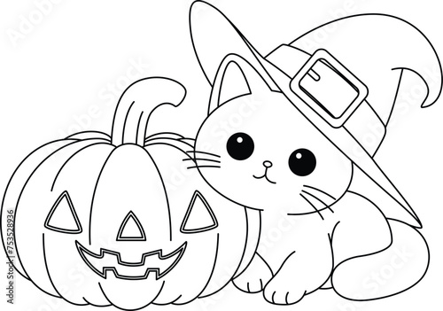 The cute cat and a Halloween pumpkin coloring page.