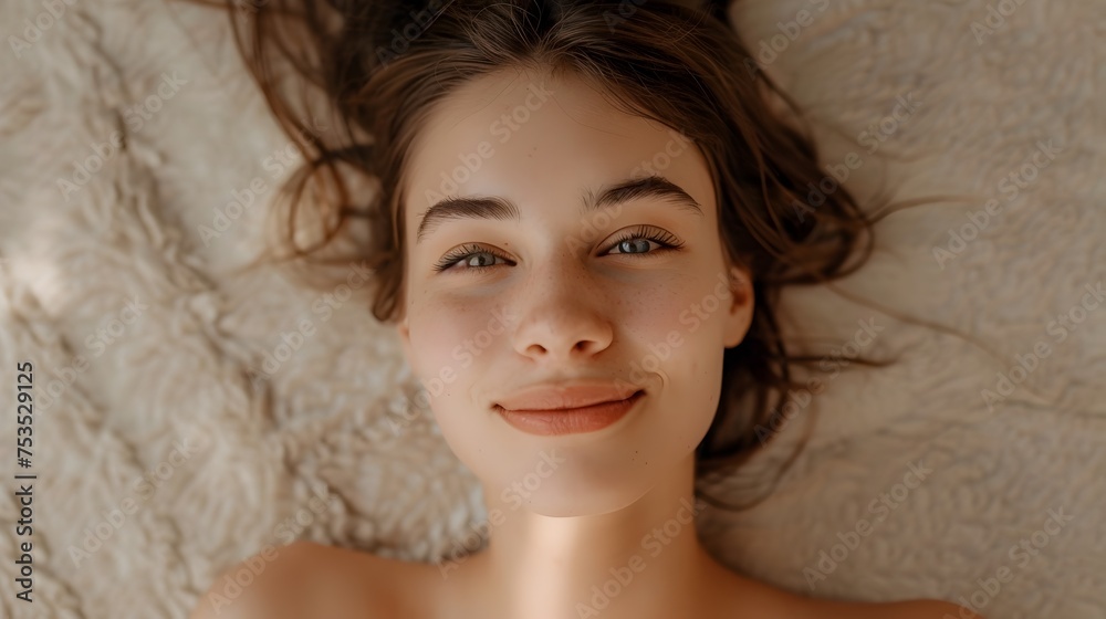 Attractive Woman Smiling on Beige Blanket, To convey a sense of natural beauty, confidence, and joy through a portrait of an attractive woman Attractive Woman Smiling on Beige Blanket, To convey a sense of natural beauty, confidence, and joy through a portrait of an attractive woman
