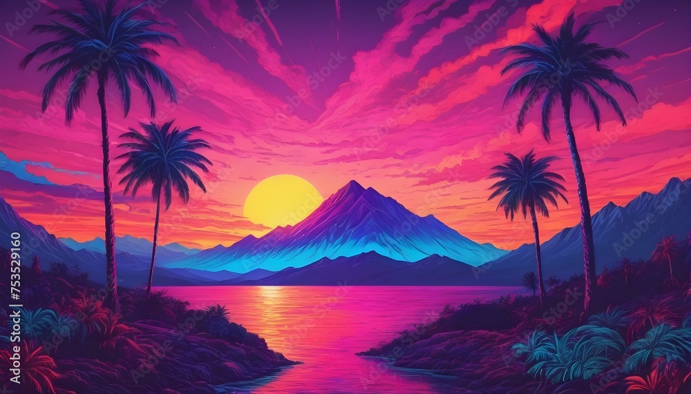 A drawing of a sunset with a mountain and palm trees psychedelic landscape - obrazy, fototapety, plakaty 