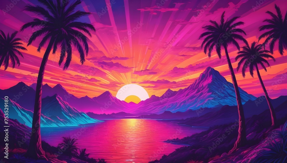 A drawing of a sunset with a mountain and palm trees psychedelic landscape