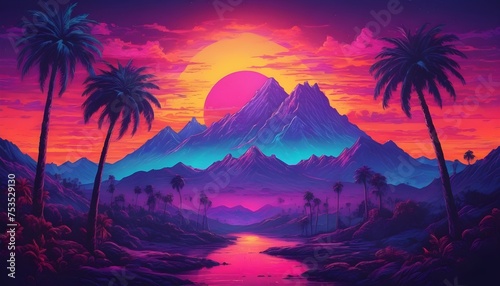 A drawing of a sunset with a mountain and palm trees psychedelic landscape