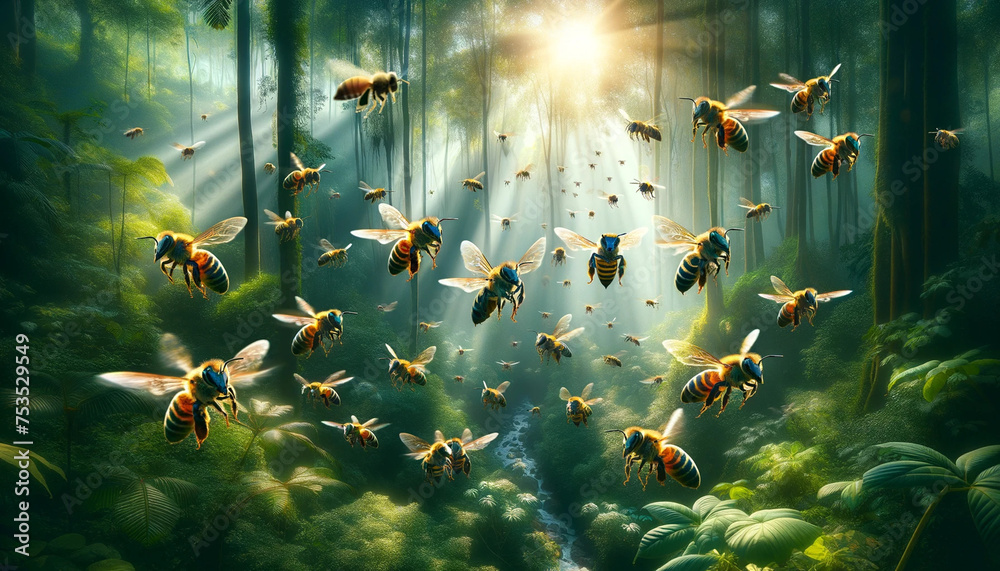 Create an image of a swarm of bees flying in the sky during daytime in a widescreen aspect ratio. - obrazy, fototapety, plakaty 