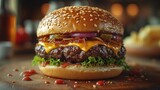 burger closeup on wooden background