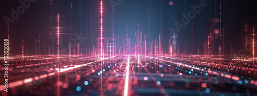 A cityscape with a red and blue background