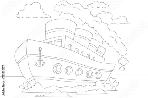 Sketch of ship in the sea coloring page with detailed nautical elements