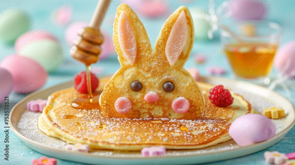 Easter bunny pancake breakfast with berries, honey, and pastel eggs on white background. - obrazy, fototapety, plakaty 